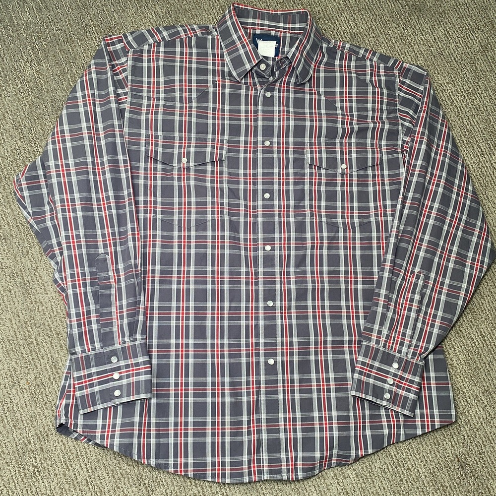 Wrangler Mens XL Pearl Snap Shirt Long Sleeve Plaid Check Grey Red Western
